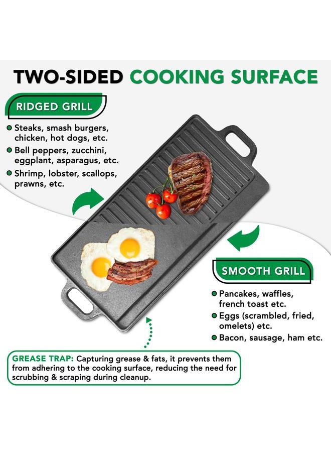 ProSource 2-in-1 Reversible 19.5” x 9” Cast Iron Griddle with Handles, Preseasoned & Non-Stick for Gas Stovetop, Oven and Open Fire. - Image 5